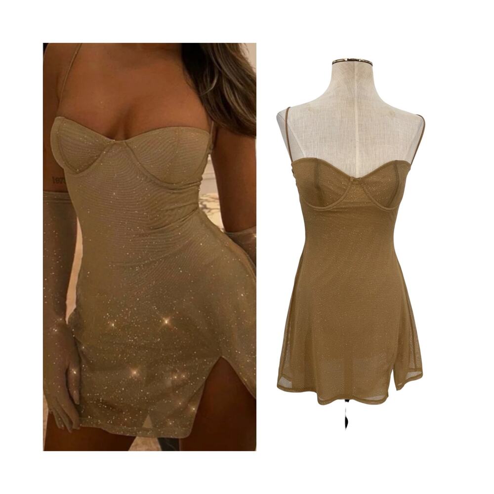 Babyboo Pixie Gold Sparkle Mesh Underwire Bustier Mini Dress Size Small